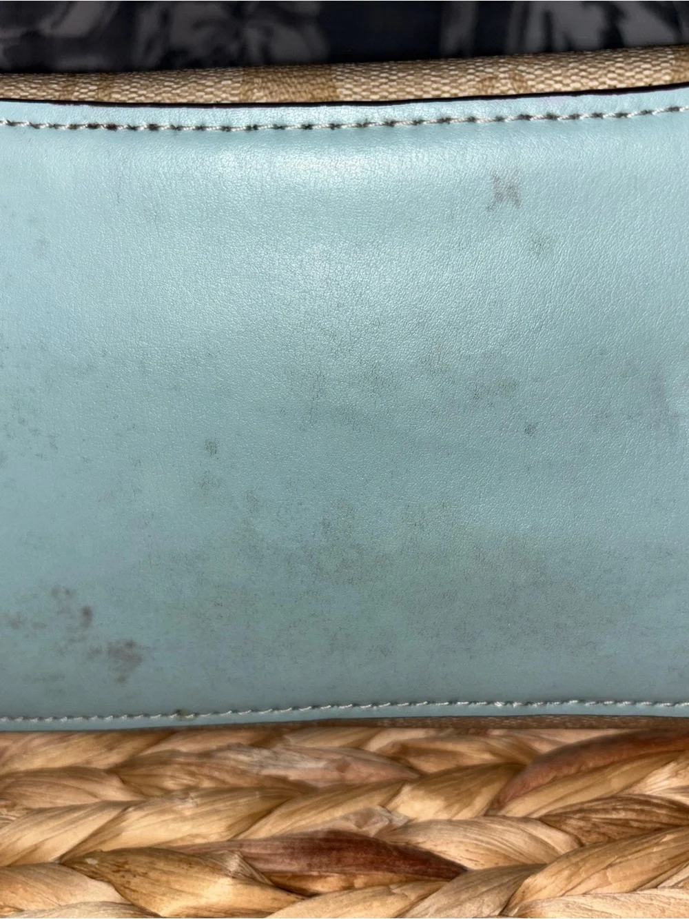 Coach Beige Signature Satchel with Light Blue Trim